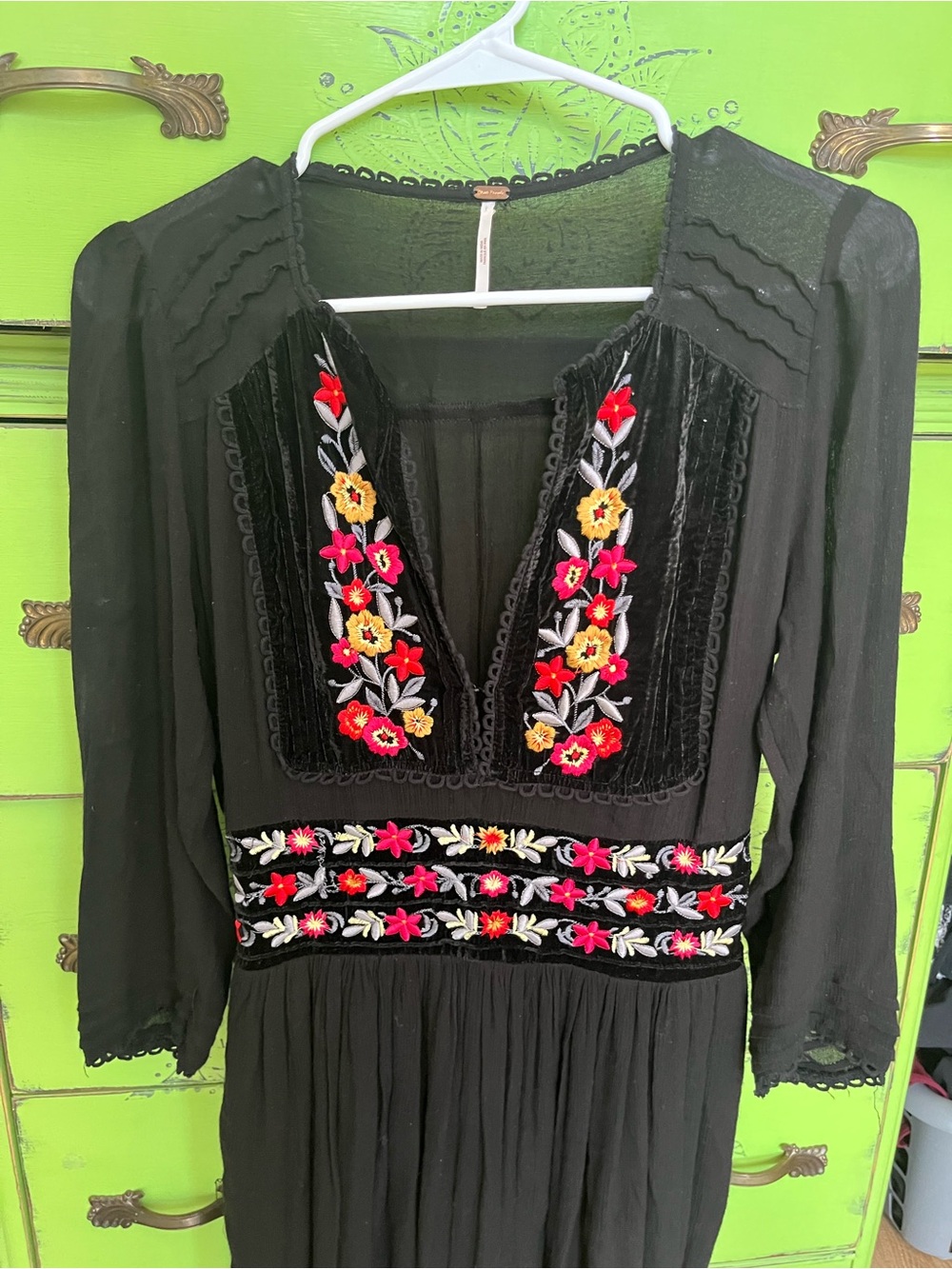 Black Embroidered Floral V-Neck Women's Dress